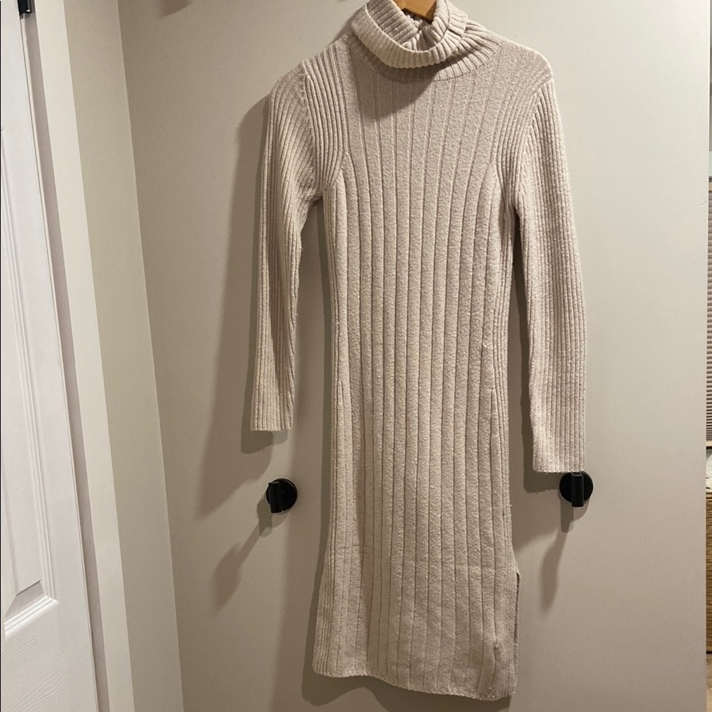 Cream Ribbed Turtleneck Sweater Dress